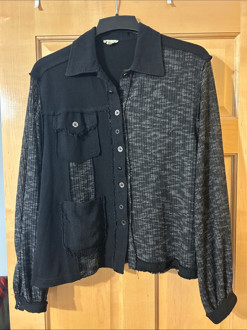 POL Women's Black Mixed-Knit Patchwork Button-Front shirt.
